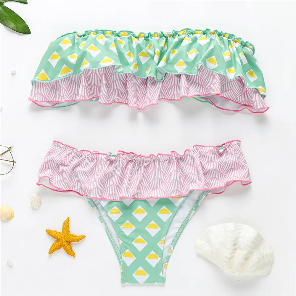 

Women Sexy Printed Bikini Off Shoulder Padded Swimwear Ruffle Swimsuit Beachwear Women's Swimsuits Bather Swimwear Biquini 2019
