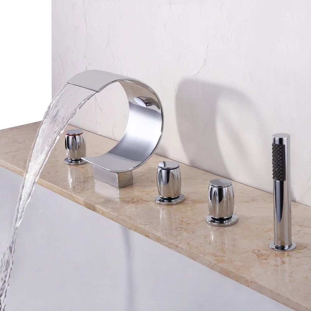 

Deck Mounted Waterfall Bathtub Faucet Widespread Tub Sink Mixer Taps Chrome Brass