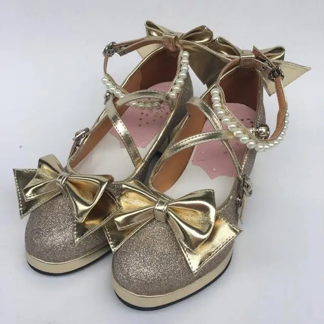 Womens-Shiny-Black-Silver-Sequin-Pumps-Bow-Strap-Cross-Pearl-Ankle-Strap-Princess-Lolita-Shoes-Custom-Tailor-Available- 13