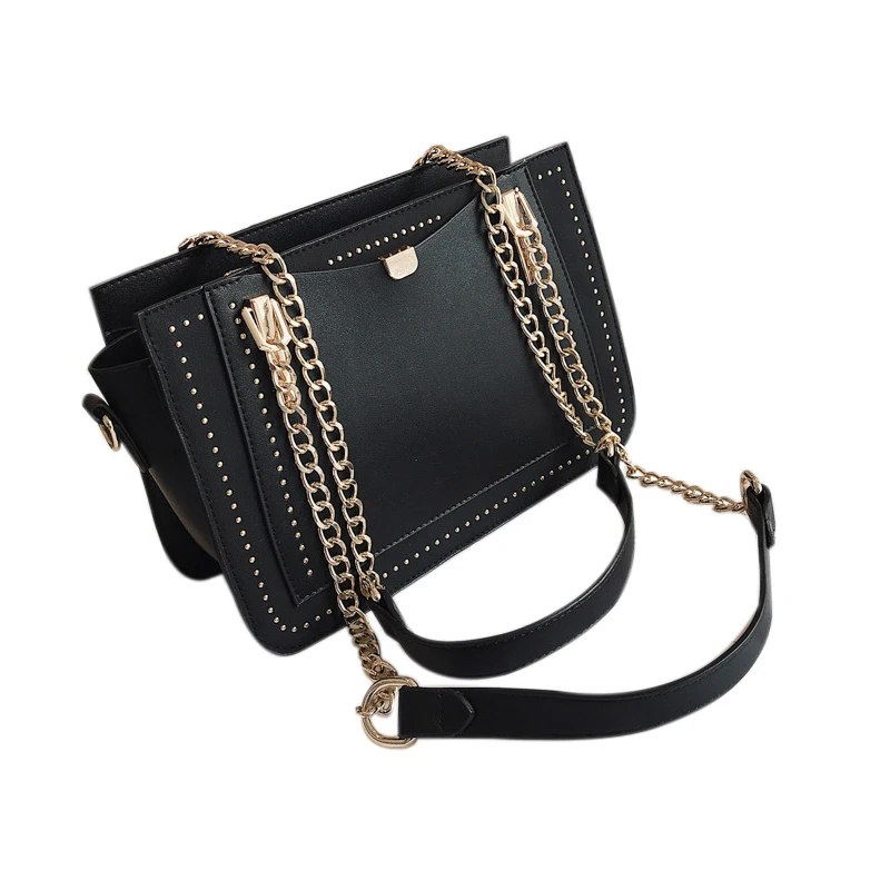 

Rivet Handbag Women'S Bag Metal Chain Tote Bag Casual Pu Leather Crossbody Bag