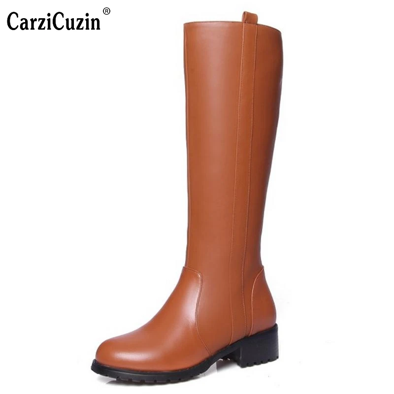 

Sexy Women Real Leather Knee Boots Square Heel Shoes Fashion Female Zipper Shoes Winter Martin Boots Women Shoes Size 33-44