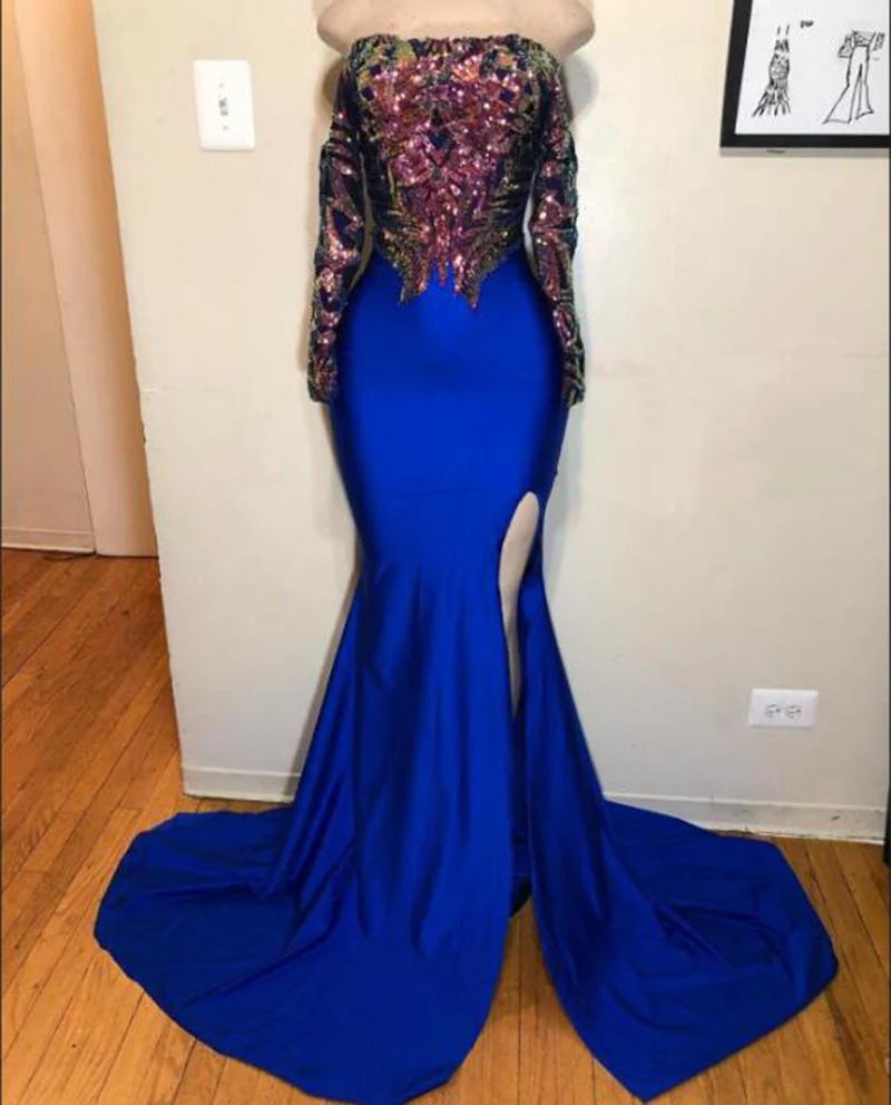 

New Arrival Royal Blue Mermaid Prom Dresses Long 2020 Boat Neck Sequin Top Sexy High Slit Africa Girl Long Sleeve Prom Dress