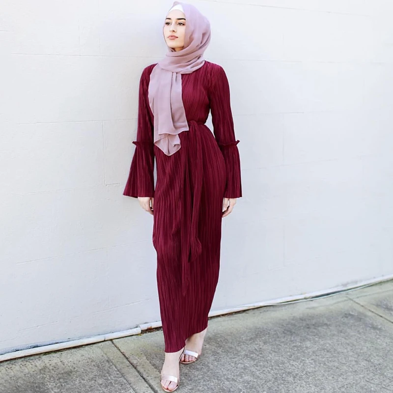 

Elegant Pleated Abaya Pencil Dress Flare Sleeve Party Long Robe Gowns Tunic Middle East Ramadan Arab Worship Service Wholesale