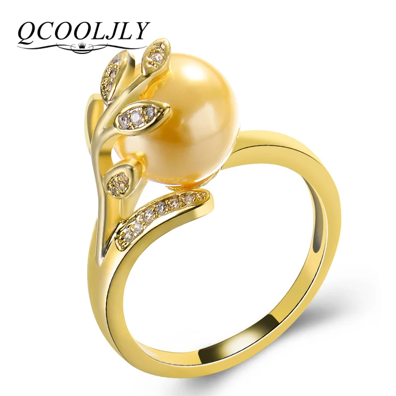 

QCOOLJLY Unique Design Simulated Pearl Leaf CZ Party Rings For Women Gold silver Color Finger Rings Jewelry Anel bijoux femme
