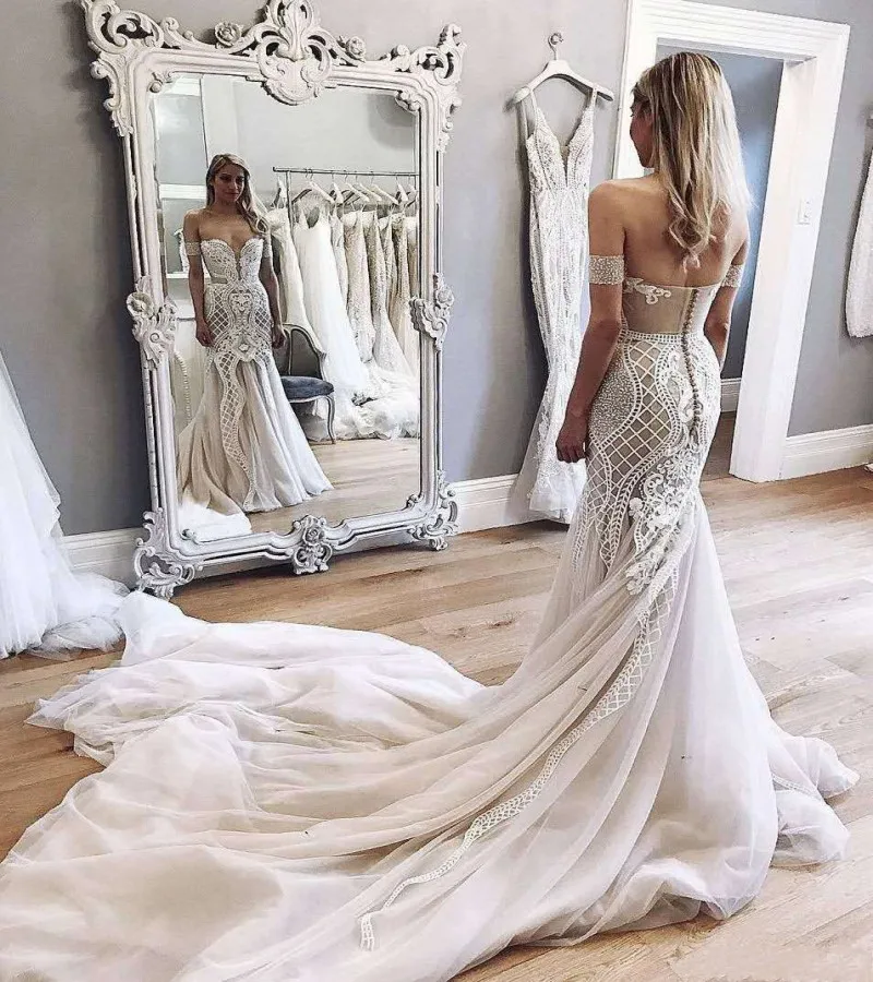

Sexy Off the Shoulder Lace Mermaid Wedding Dress 2019 Elegant Appliques Short Sleeve Vestido de Noiva Tulle Bridal Gowns