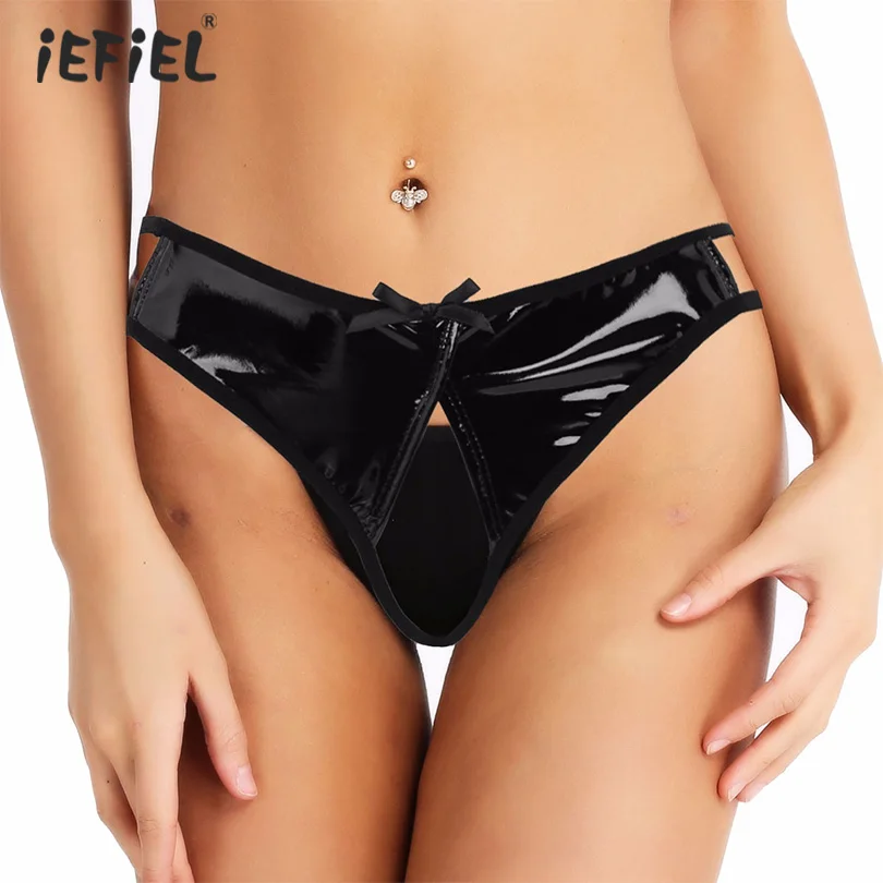 

Women Lingerie Wet Look Faux Leather Sexy Panties Crotchless Underwear Tanga Low Rise Mini Open Crotch Chastity Briefs Underwear