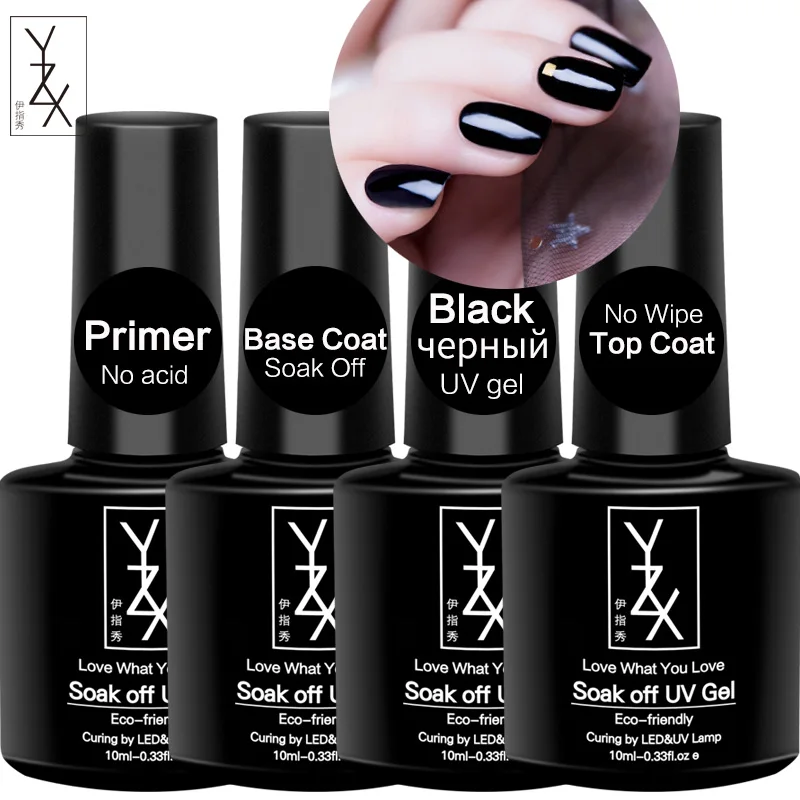 

YZX 4Bottles/Set Nail Gel Polish 10ML Primer+Base Coat+No Wipe Top Coat+Pure Black Long-lasting Soak off Varnish For Manicure
