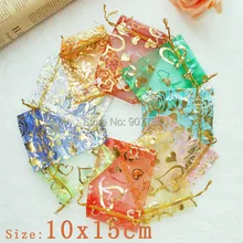 100 случайный разноцветный бронзированный узор Organza органза свадебные подарочные сумки и мешки, упаковка ювелирных изделий 10x15 см
