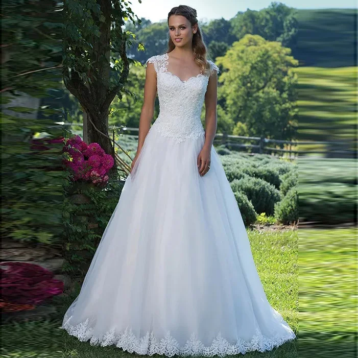 

Princess Boho A Line Wedding Dress Sweetheart Cap Sleeve Appliqued Lace Train Bridal Gown Free Shipping vestido de festa longo