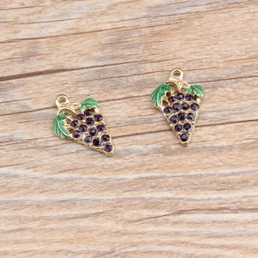 30PCS Rhinestone Crystal Purple Grape Fruit Jewelry Charms Gold Tone