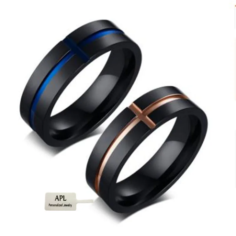 

APL-2018 New Men's Multicolored Ring New Titanium Steel Jewelry Wedding Ring Classic Grooved Cross Ring