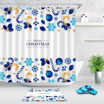 

Blue Christmas Decorations Shower Curtain Set with Rug White Bathroom Waterproof Eco-Friendly Polyester Fabric For Bathtub Decor