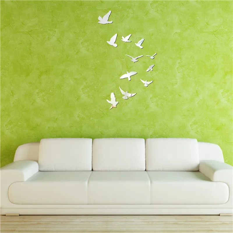silver acrylic birds design mirror effect mural wall sticker decal artistic modern decoration craft