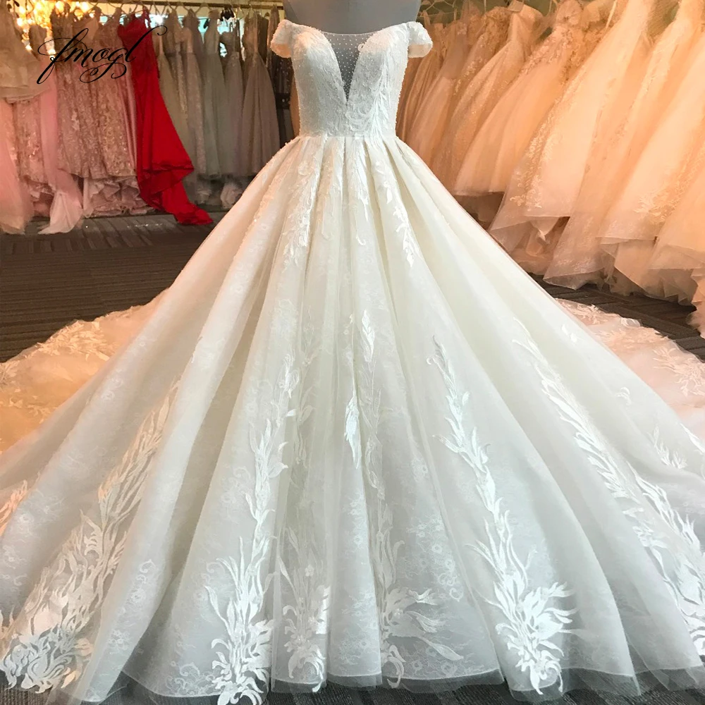 Fmogl Luxury Boat Neck Vintage Lace Ball Gown Wedding Dress 2019 ...