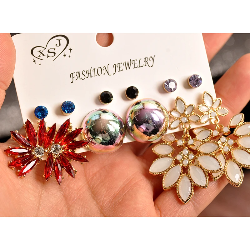 

2019 New fashion women's jewelry wholesale girls party red ear studs set beautiful mashup 6 pairs /set earrings Free shipping