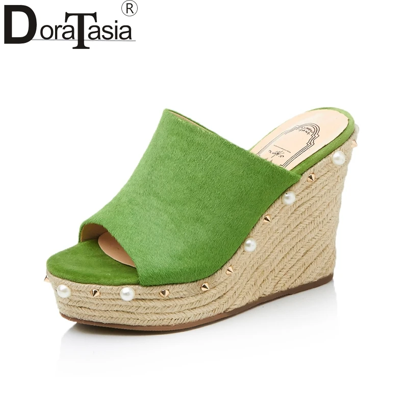 

DoraTasia 2018 Brand New Horsehair Woman Elegant Wedges High Heel Women Shoes Platform Black Summer Sandals Women