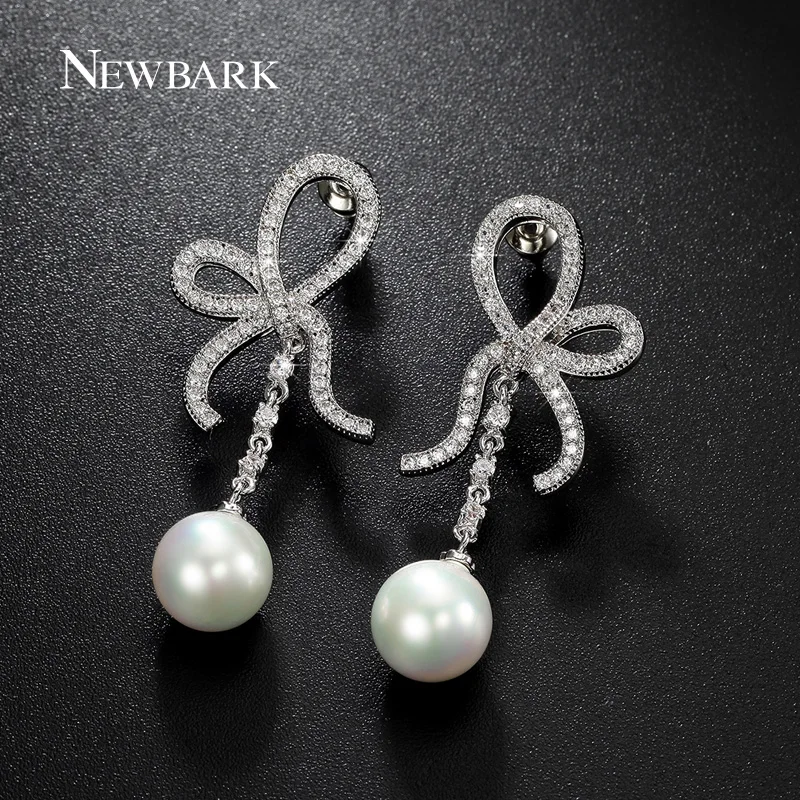 

NEWBARK Graceful Bow Knot Drop Earrings OL Style With White Simulated Pearl For Women Luxury Wedding Jewelry Gift
