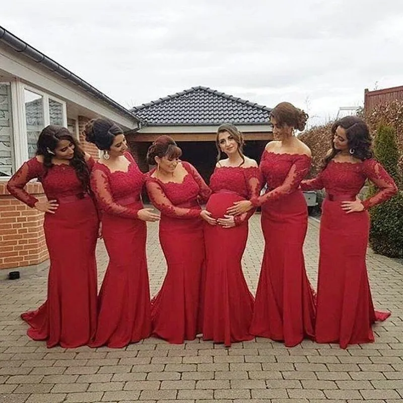 Red Mermaid Long Sleeve font b Bridesmaid b font font b Dresses b font Long 2016