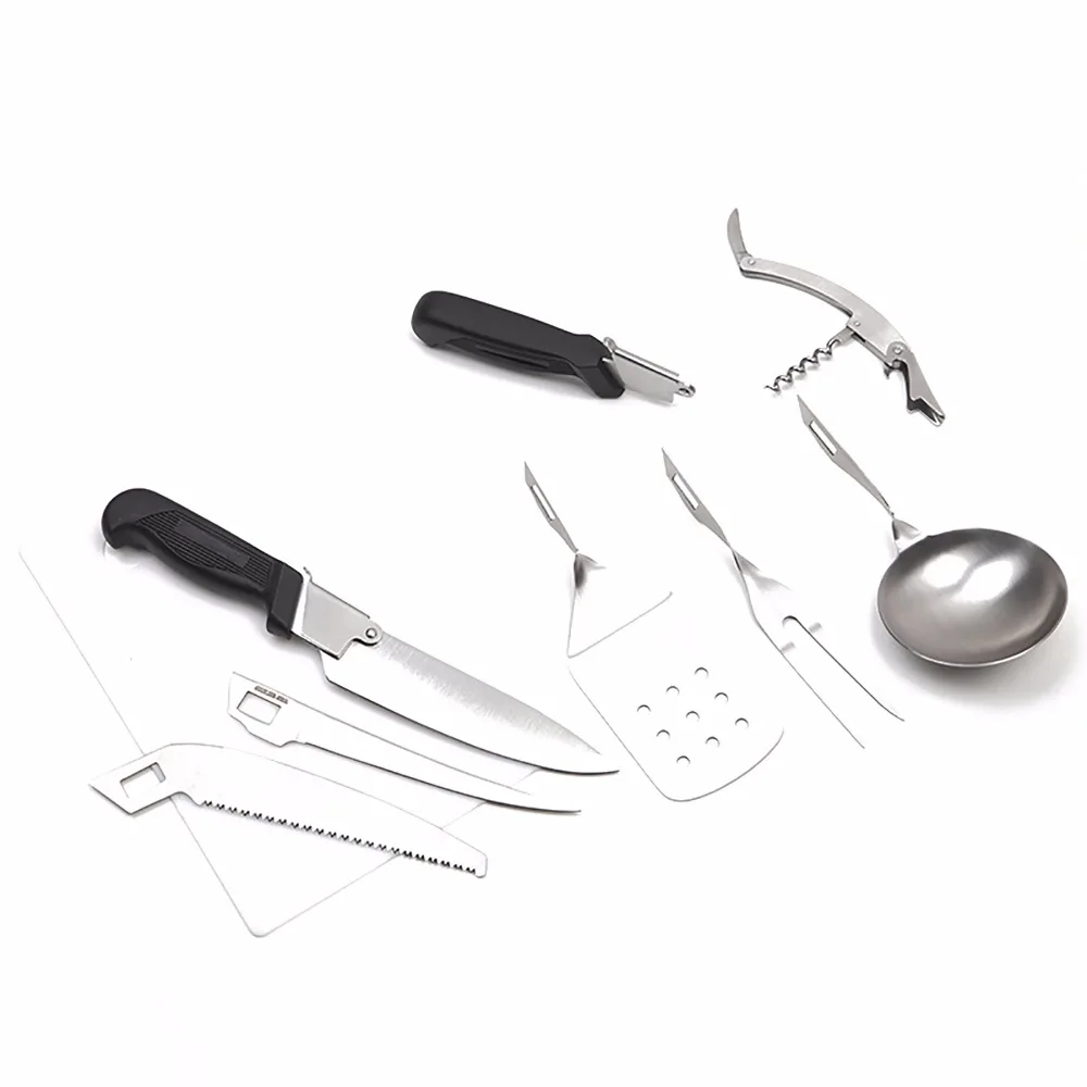 Acampar al aire libre utensilios 8 piezas herramientas de cocina de acero inoxidable fiambrera Backpacking Cocina Barbacoa equipo con caja de almacenamiento