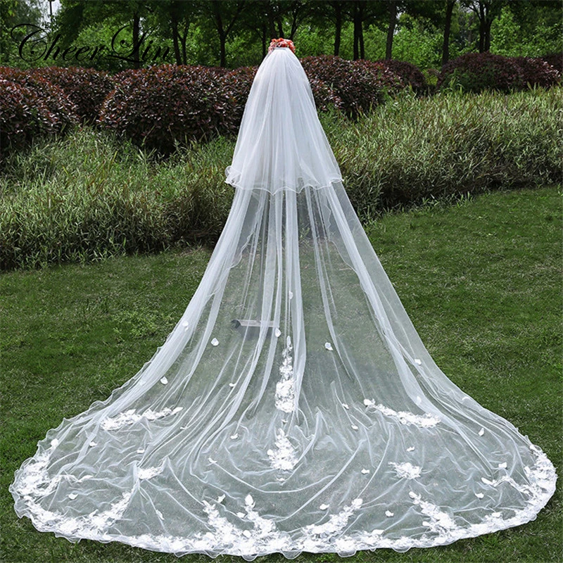 Wholesale 3 Meter White Ivory Wedding Veils Multi Layer Long Appliques Pencil Edge Bridal Veil (1)