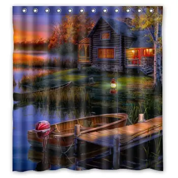 

Home&Family Waterproof Fabric Bathroom Shower Curtain with Hooks Night Sail Boat at the Lake Side House Print Design 66 x 72