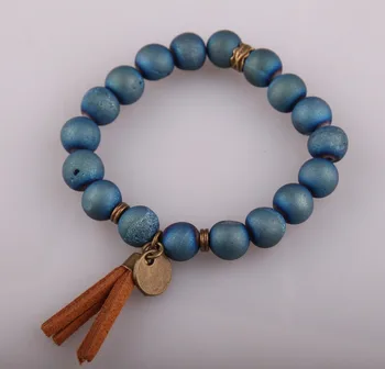 

Fashion Design Energy Bracelets Made By Antique Bronze Tassel Beautiful Natural Blue Agat Druzy Bracelet
