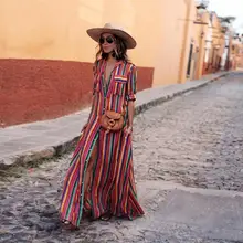 Летнее Радужное платье, хлопок, на пуговицах, пляжные женские платья, длинные, модный принт, цветная полоска, короткий рукав, для женщин размера плюс, vestidos