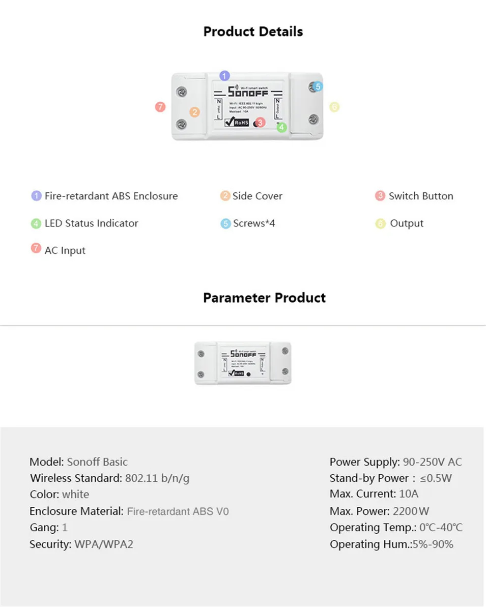 5PCS Itead Sonoff Smart Wifi Switch DIY Smart Wireless Remote Switch Wifi Light Switch Smart Home Controller work with Alexa-5