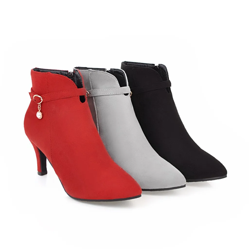 SAGACE/женские ботинки на высоком каблуке с жемчугом и боковой молнией; Замшевые женские ботинки с острым носком и ремешком и пряжкой; обувь на шпильке; большие размеры;