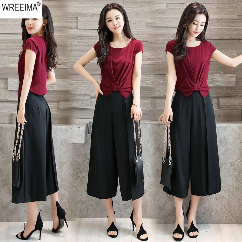 2018 Plus Size M 4XL Women Pant Suits Elegant 2 Piece Set O Neck Bow