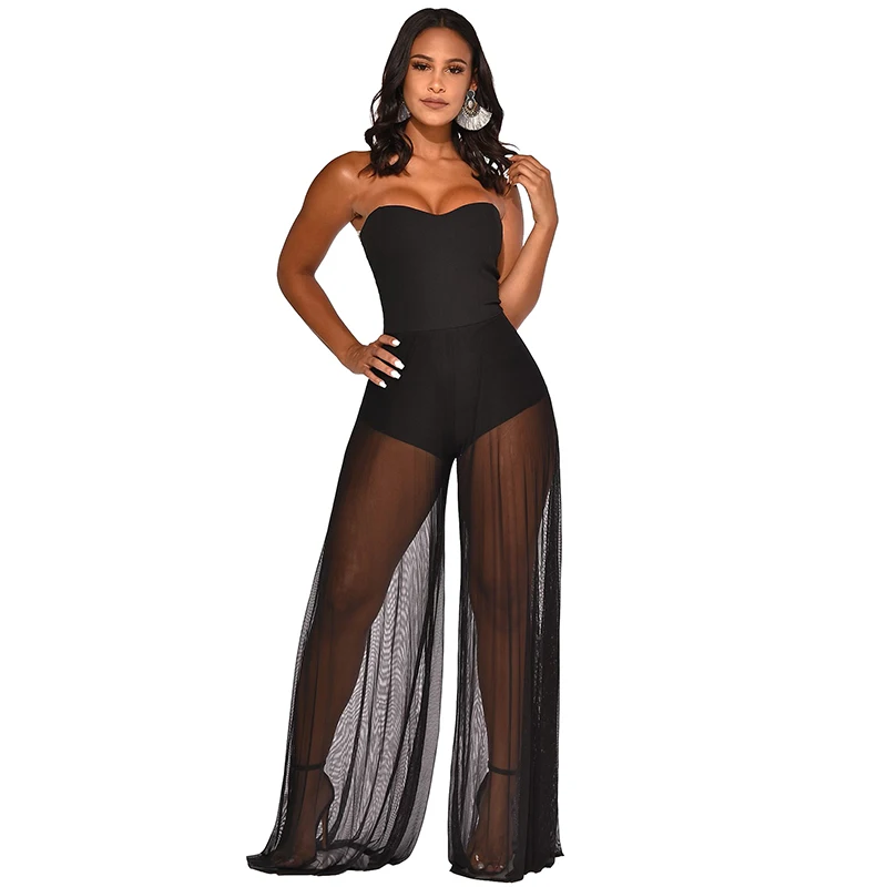 

Rompers Womens Jumpsuit Mesh Stitching Openwork Sexy Bodysuit Female Semi-Transparent Overall Chiffon Splice Jumpsuits Nightclub