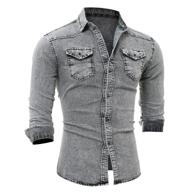 HU&GH M-3XL Men Shirt Jeans Camisa Masculina Male Long Sleeve Casual Denim Slim Fit Dress Shirts Chemise Homme Men`s Denim Shirt (5)