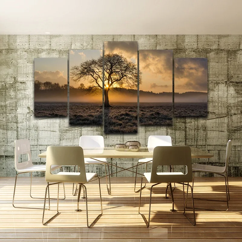 Canvas Painting Vintage Wall Art Frame Printed Pictures 5 Panel Poster Sunrise Tree Landscape Photo For Living Room Decor 