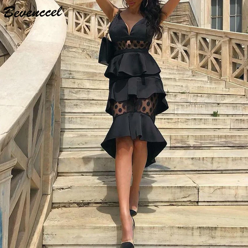 

Bevenccel Women Dress 2019 Straps V Neck Mesh Patchwork Hollow Out Ruffles Bodycon Summer Celebrity Evening Party Dress Vestidos