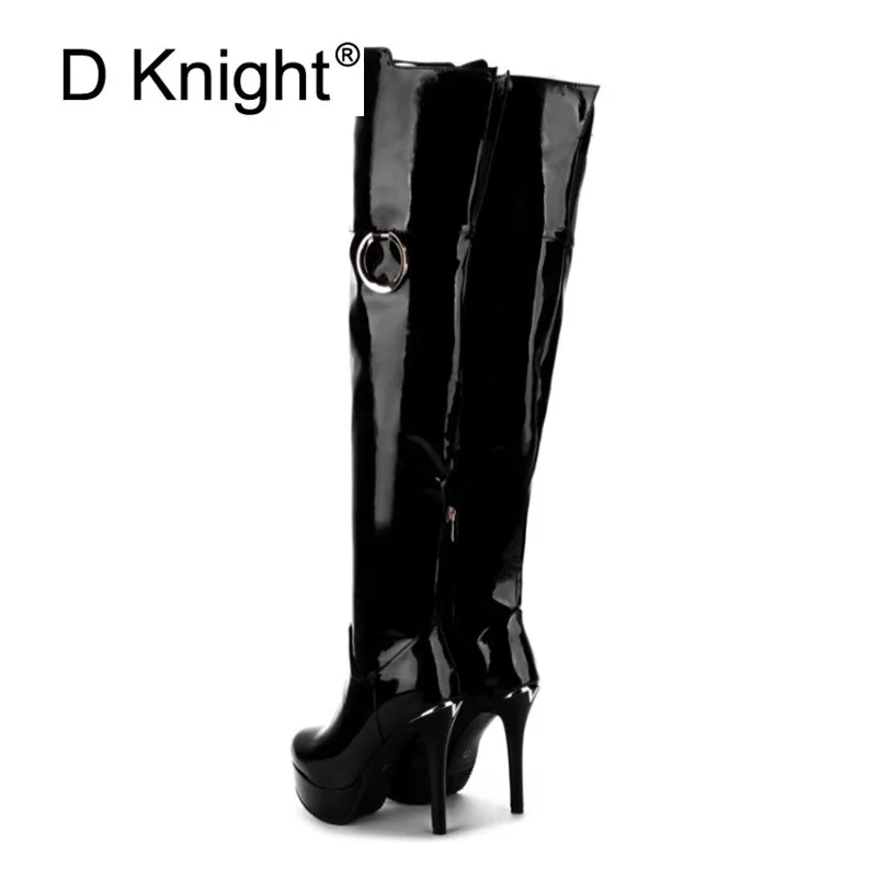 Plus Size 33-48 Women Over The Knee Boots Night Club Pole Dance Boots Patent Leather Stiletto Super High Heel Tall Women's Boots (33)