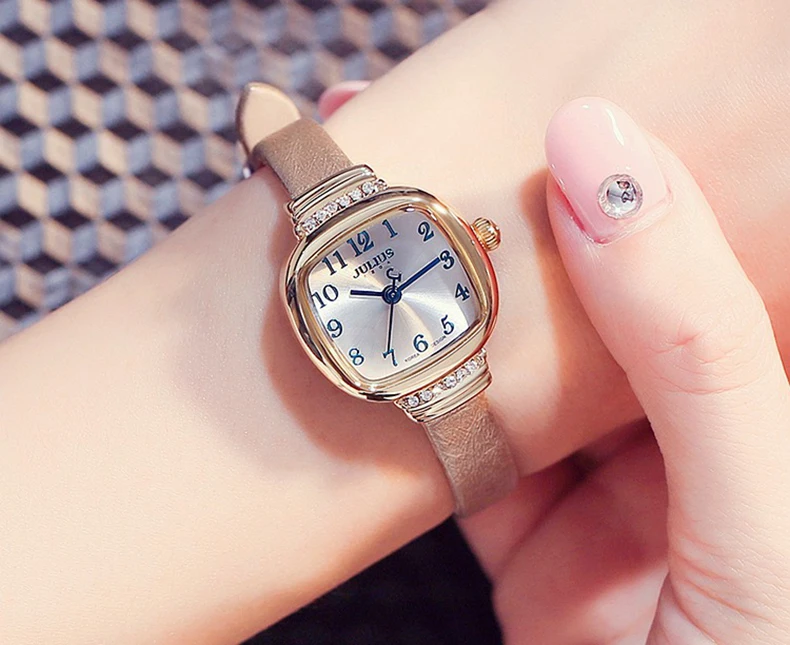 Julius бренд Леди Винтажные кожаные часы женские ретро квадратный цифровой маленький циферблат кварцевые платье наручные часы Роскошные Relogio Feminino