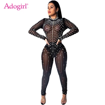 

Adogirl Pearls Diamonds Sheer Mesh Jumpsuit Women Sexy Long Sleeve Night Club Party Outfits Fashion Romper Female Jumper Apparel