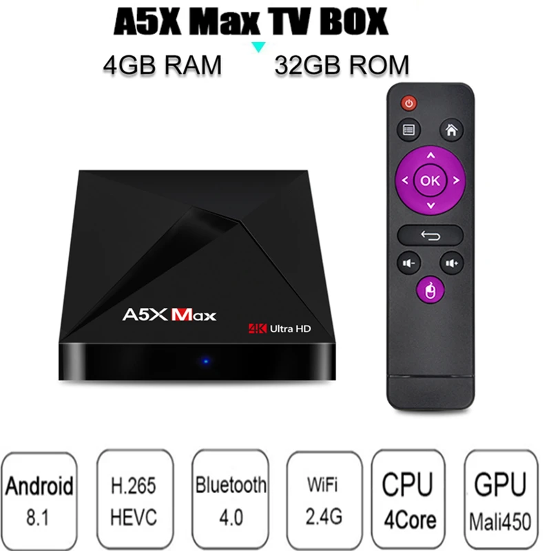 

A5X MAX Android 8.1 TV Box RK3328 4GB RAM + 32GB ROM 2.4G WIFI BT4.0 Support HDR 4K