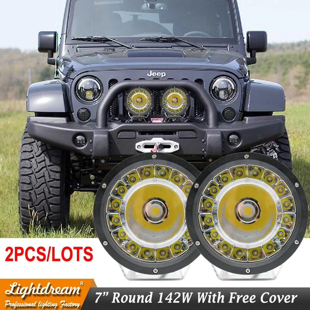 

New Super Bright Round 7 inch 142W LED Driving Work lights 4x4 OffRoad Lamp For JK CJ TJ Tractor Truck with Clear Cross cover x2