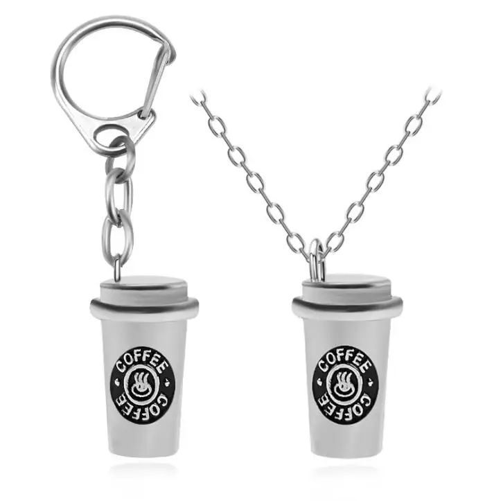

Unisex Coffee Cup Pendant Necklace Keychains Set Best Friends Hip Hop 3D For Women Men Children Creative Friendship Jewelry Gift