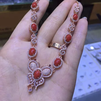 شراءالحمراء الطبيعية المرجان قلادة الطبيعية قلادة قلادة للبنات السيدات أنيقة فراشة ترف حزب غرامة مجوهرات