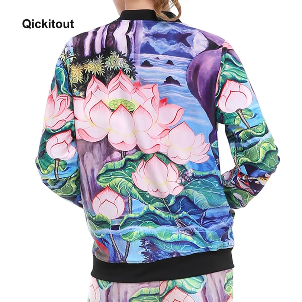 

Qickitout Sweatshirt Fitness Fall Pond Lotus River Fish Styles 2017 Women's Hoddies Zipper Sexy Fresh Elegant Coat