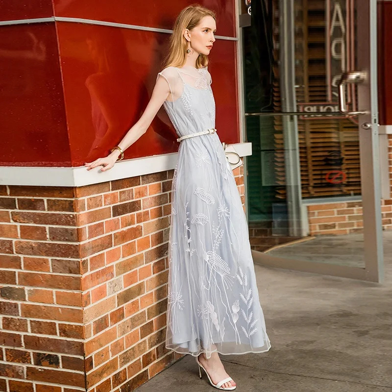 Подиумное платье Новое поступление летнее Роскошное дизайнерское женское высококачественное элегантное винтажное длинное платье с вышивкой и поясом