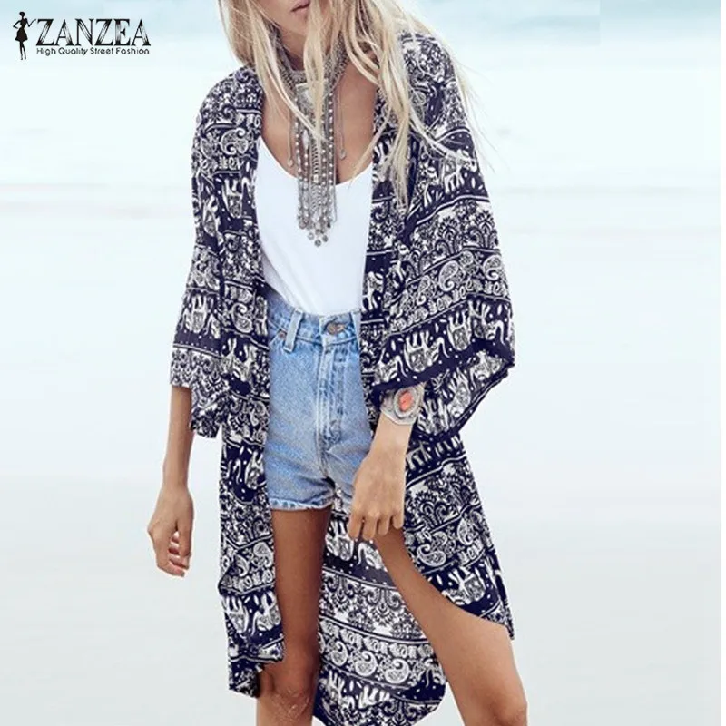 ZANZEA 2018 Women Boho Kimono Cardigan Summer Blouse Floral Print 3/4 Sleeve Casual Long Vintage Shirt Tops Cover Up Plus Size