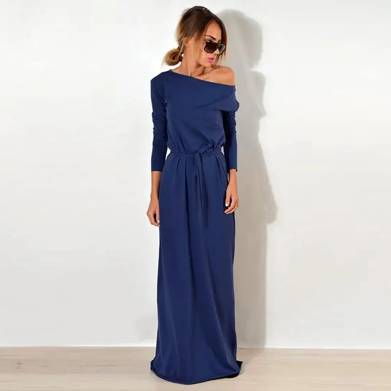 

Women Maxi Party Dress One Shoulder Long Sleeve Causal Robe Long Loose Dresses Femme Vestidos WS3744C