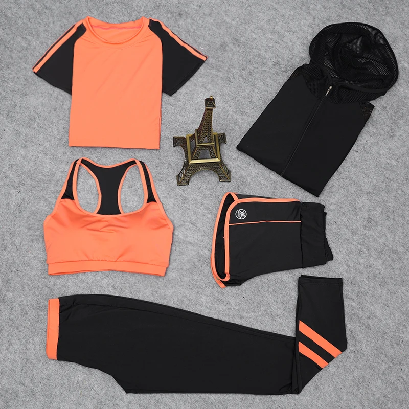 

Women Yoga Set 4 Piece Coat+Sports Bra+T-shirt+Shorts+Sport Leggings Exercise Sportswear Solid Quick Dry Breathable Gym Clothing