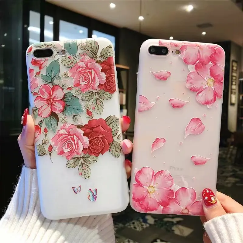 

JeKacci Relief Painting Floral Case for Iphone 6 7 8 X plus Soft Silicone Cover Flower Butterfly for iPhone 6 6s case 6plus