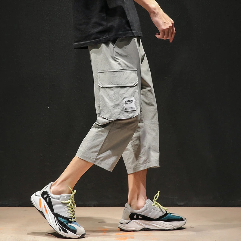 

Safari Style Calf-Length Pants Multi-Pockets Solid Color Men's Pants Elastic Waist Black Green Gray Calf-Length Pants