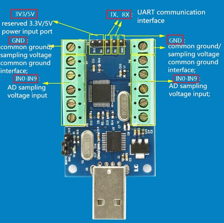 USB 10-канальный 12Bit модуль АЦП AD Модуль сбора данных образец рекламы сбора данных STM32 UART один Порты и разъёмы Вход STM32F103C8T6