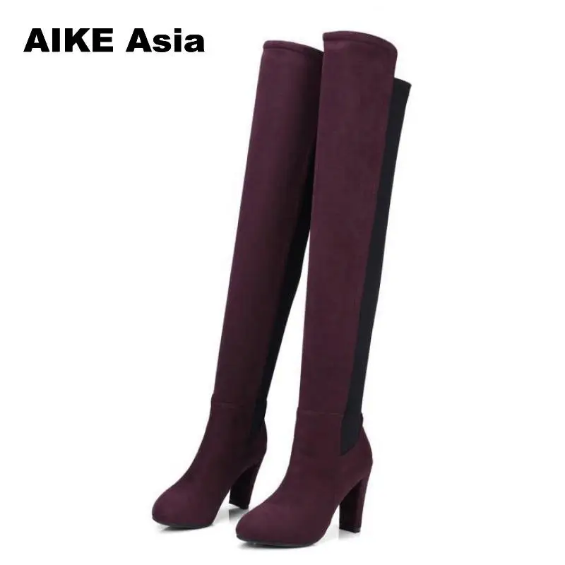 

Plus Size 34-43 New 2018 Autumn Winter Women Boots Square Heel Faux Suede Thigh High Heels Over The Knee-high Patchwork